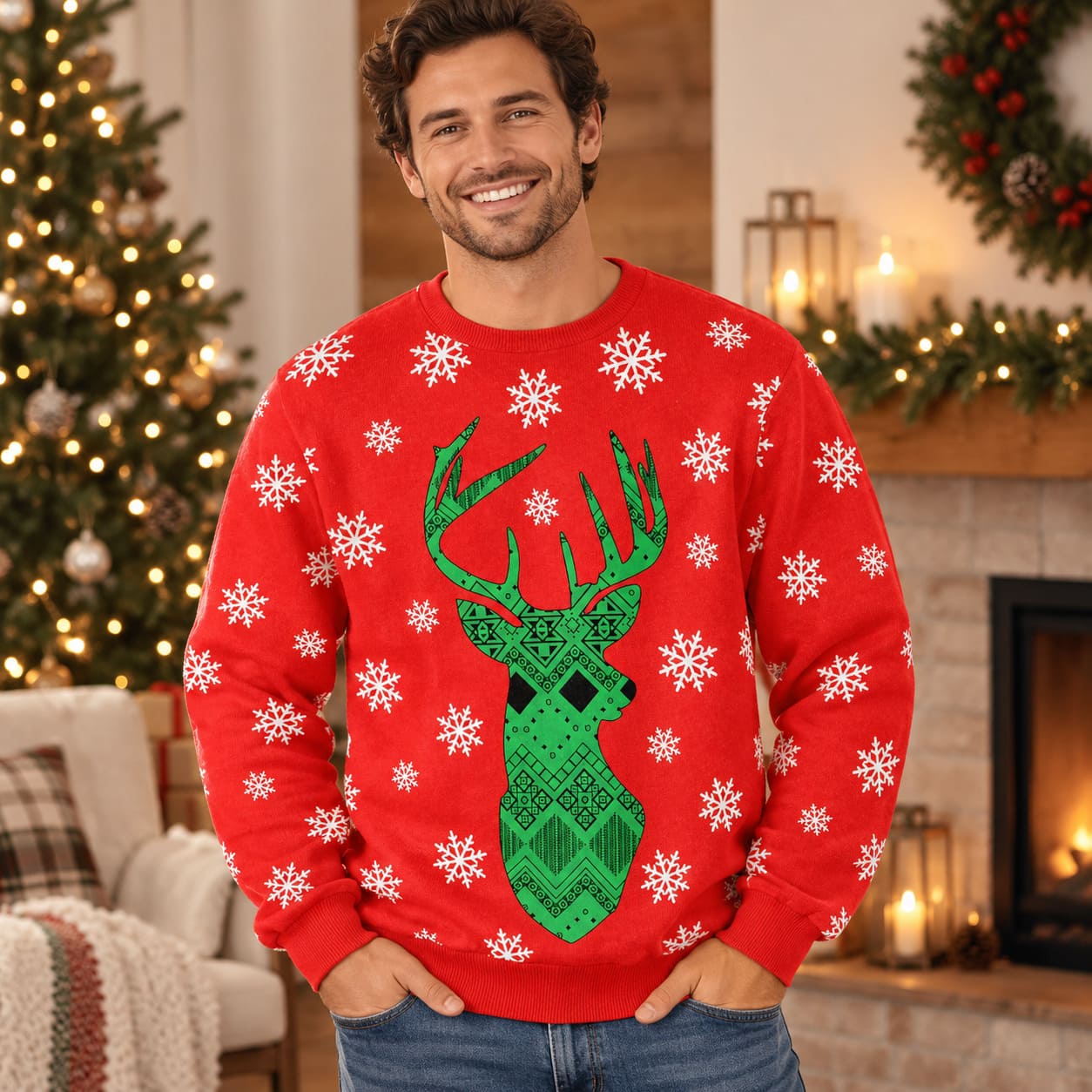 Pull de Noel Cerf Rouge et Vert