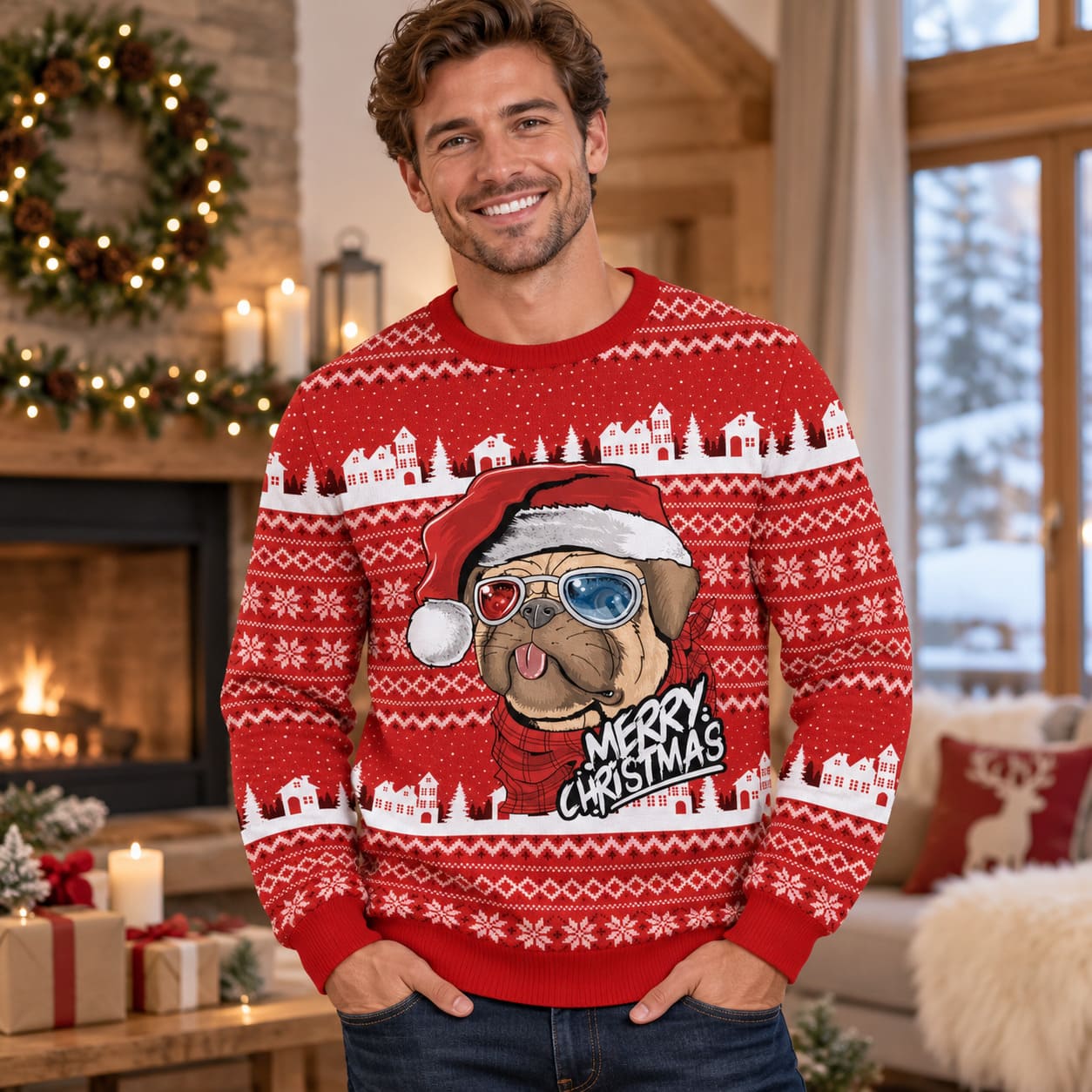 Pull de Noel Chien à Lunette