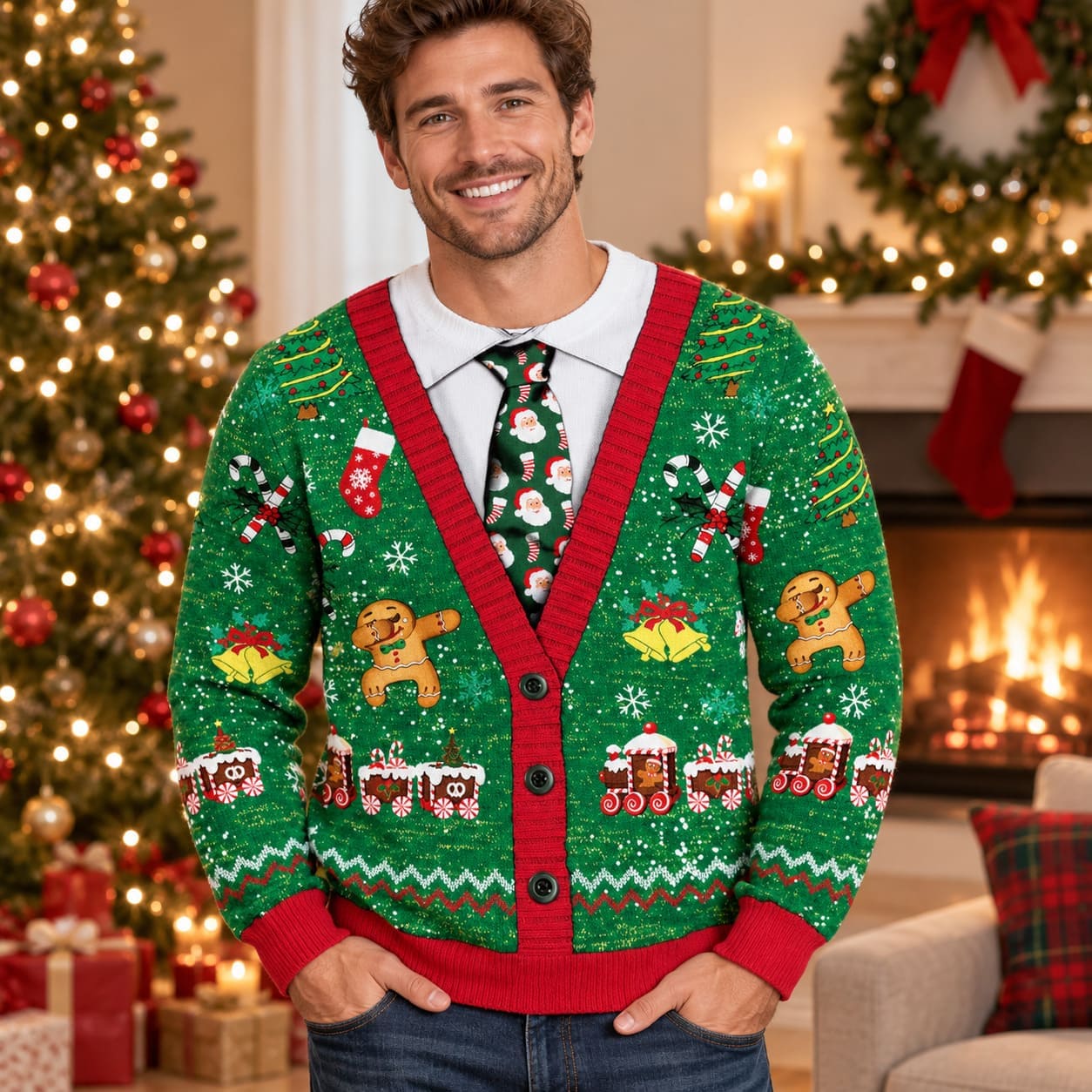 Pull de Noel Cravate verte