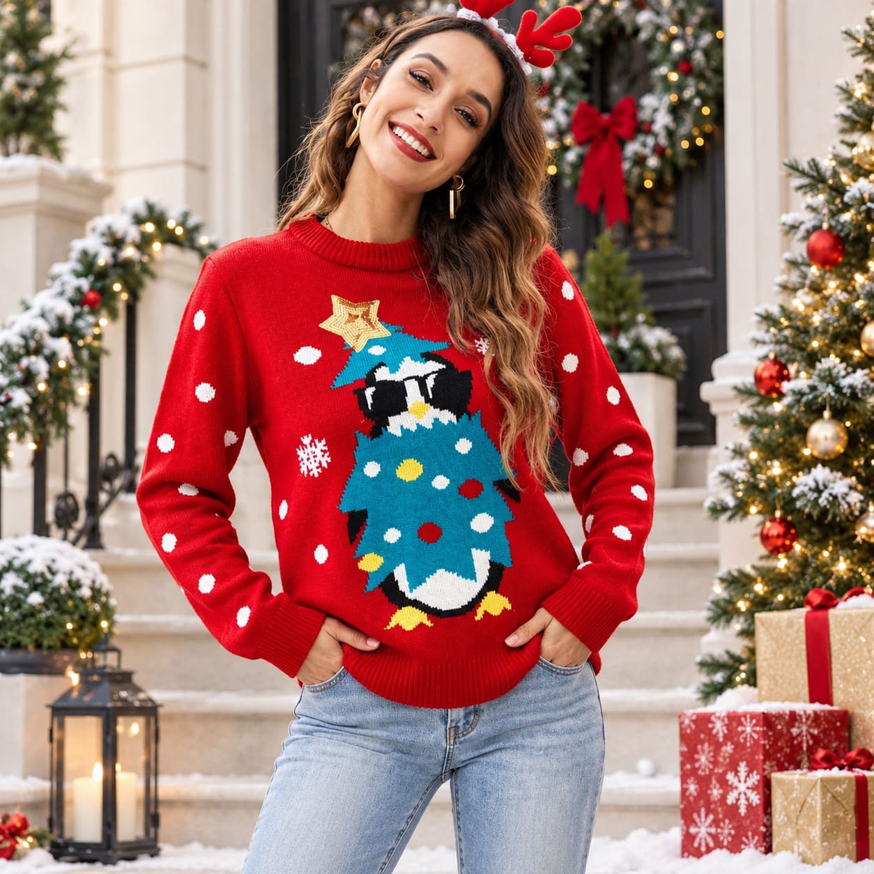 Pull de Noel Femme Pingouin Rigolo