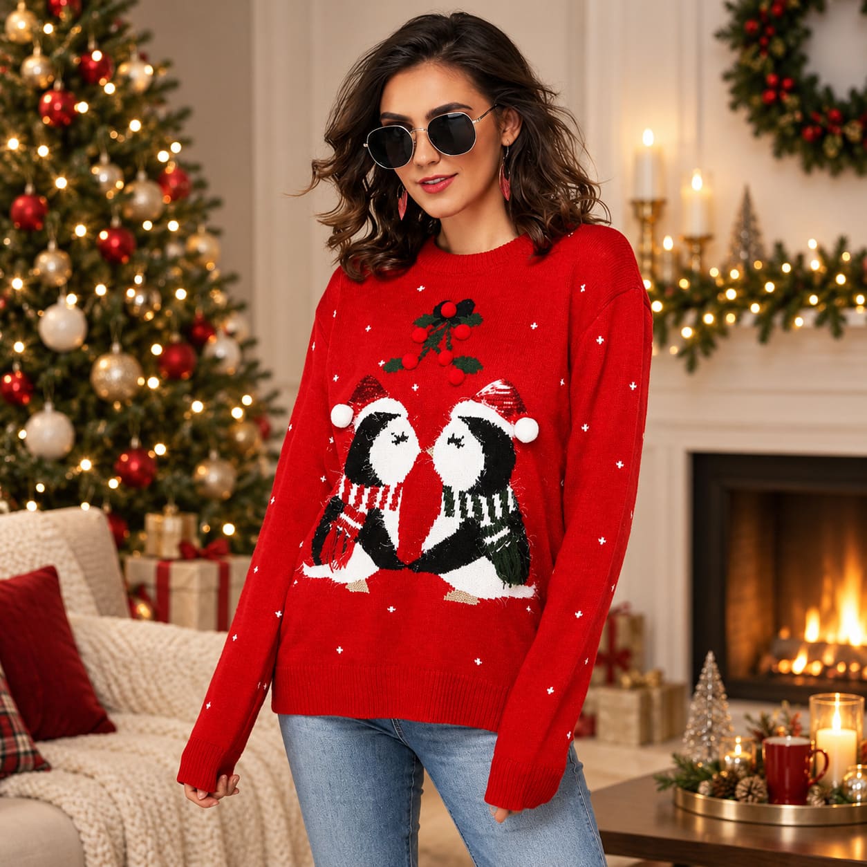 Pull de Noel Femme Pingouins Mignons