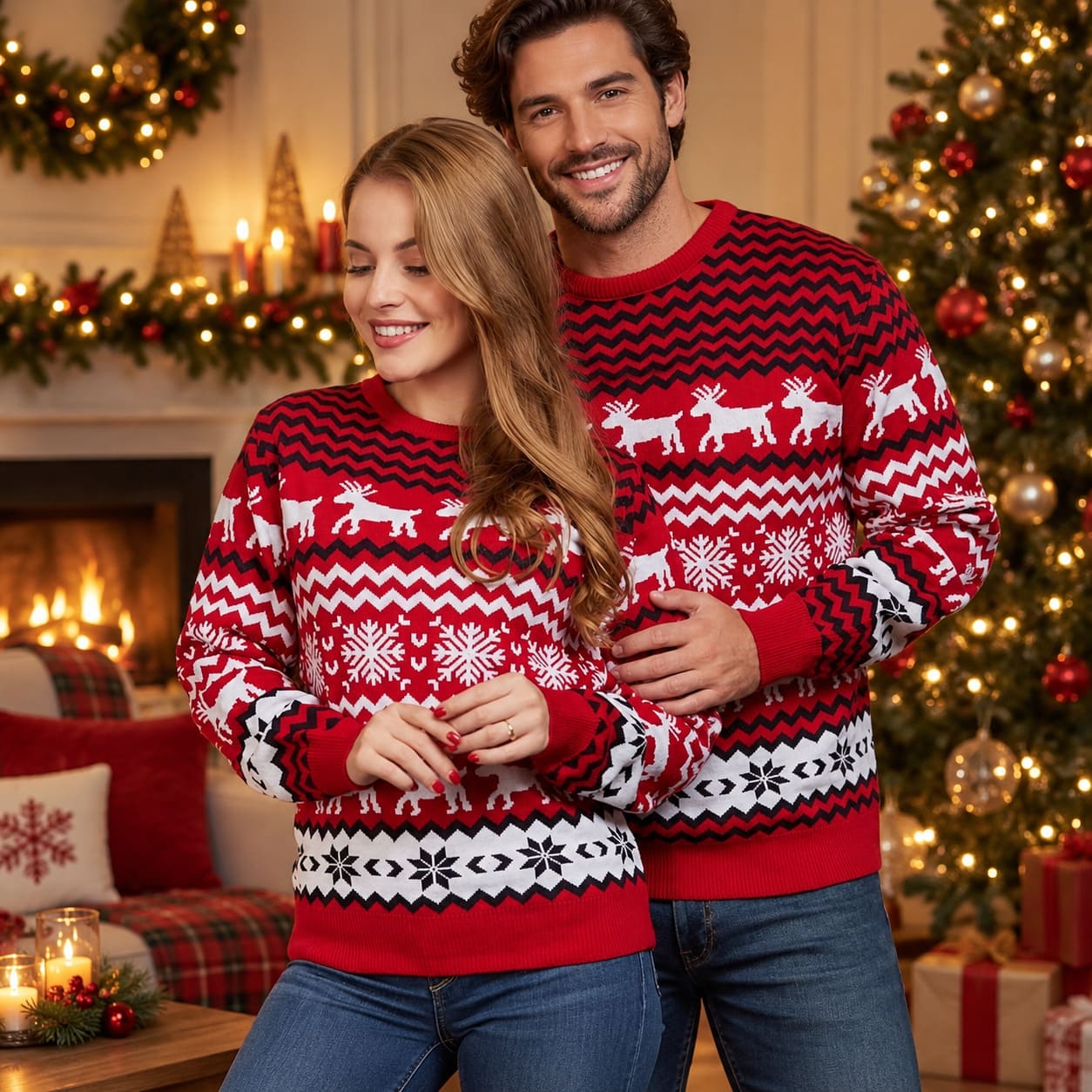 Pull de Noel Rouge Couple Assorti