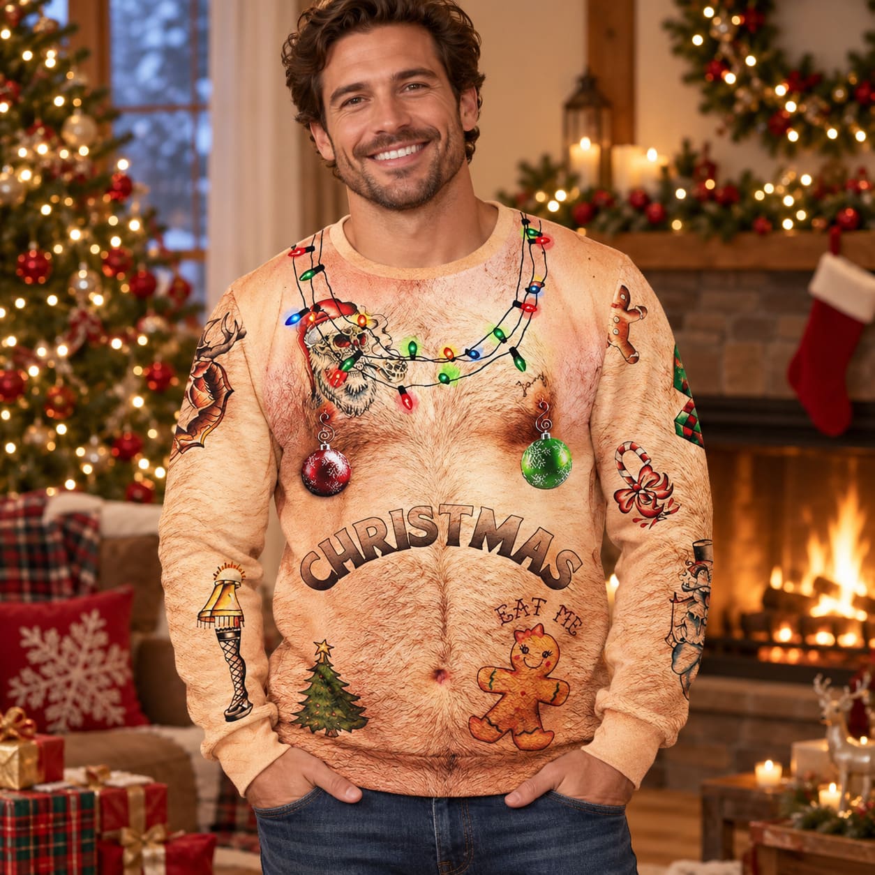 Pull de Noel Ventre et Guirlande